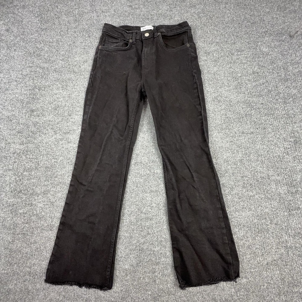 Zara Jeans Womens 4 Black Dark Wash Mid Rise Straight Distressed Fringe Denim